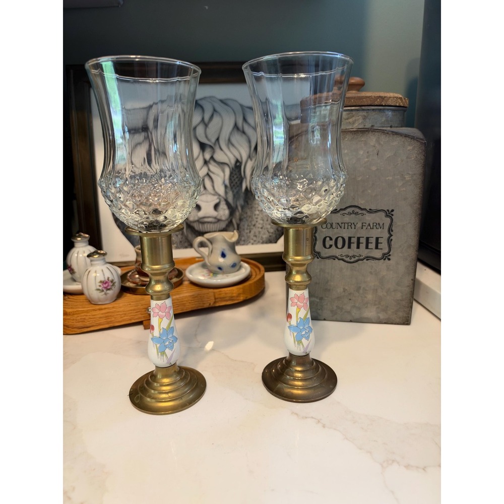 Vintage Hurricane Candle Holders Pair Brass Floral Glass Textured 10 Inch